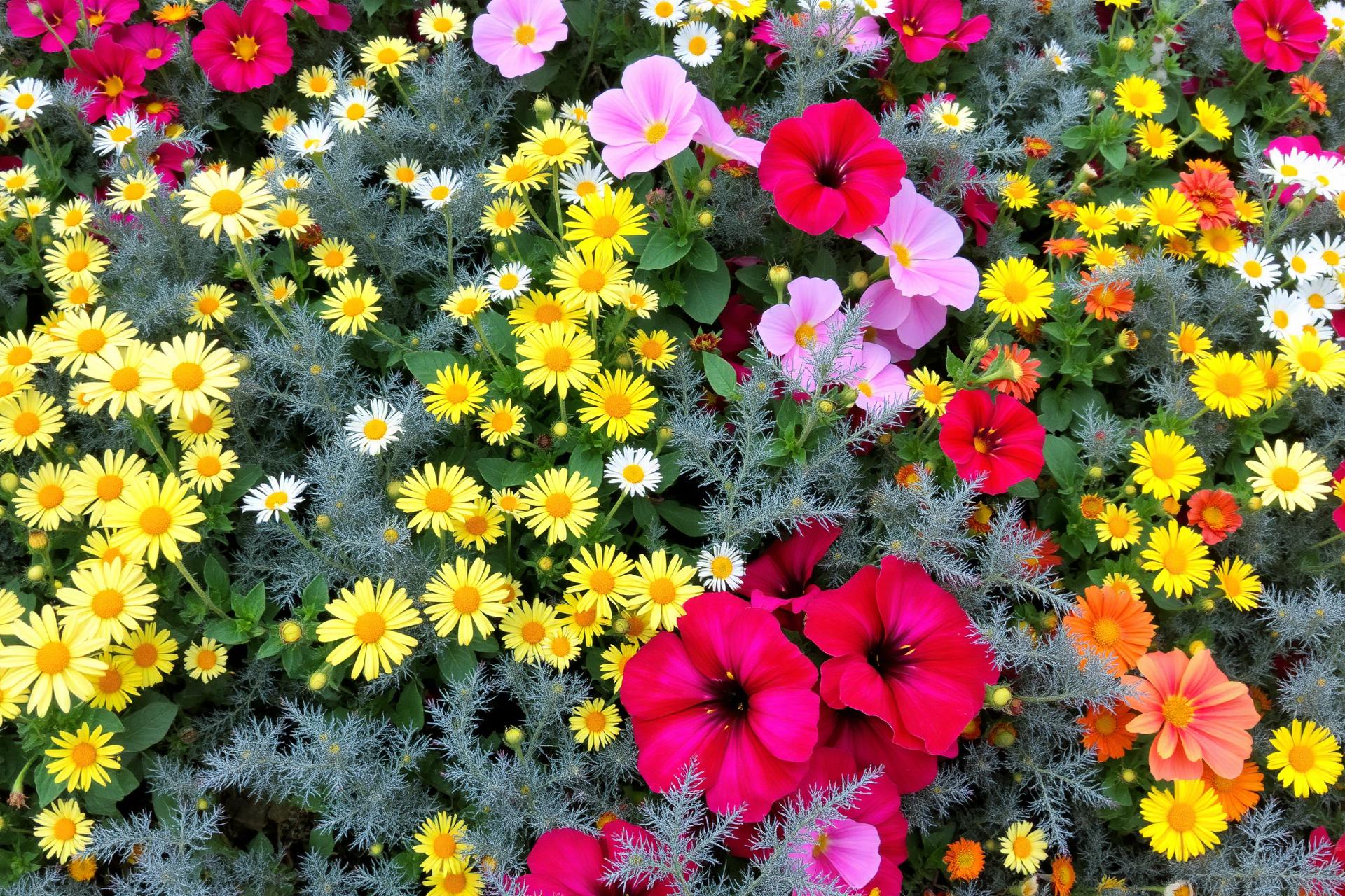 Dense flower bed with daisies and petunias